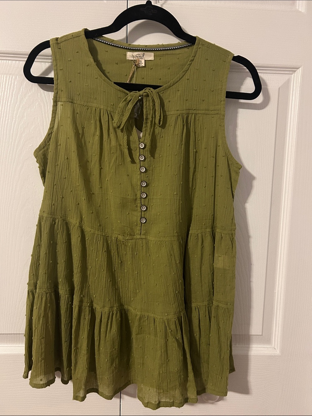 Sleeveless Tie-Neck Tiered Tunic in Olive Green